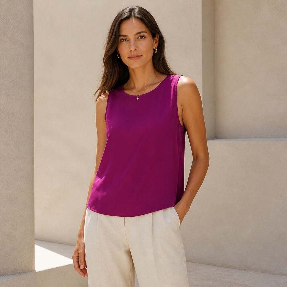 Eileen Fisher Silk Round Neck Shell Tank Top Magenta XL